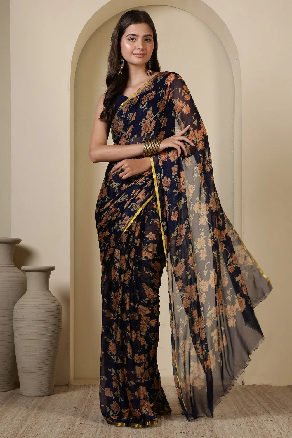 Navy Chiffon Floral Zari Border & Floral Printed Saree - Image 4
