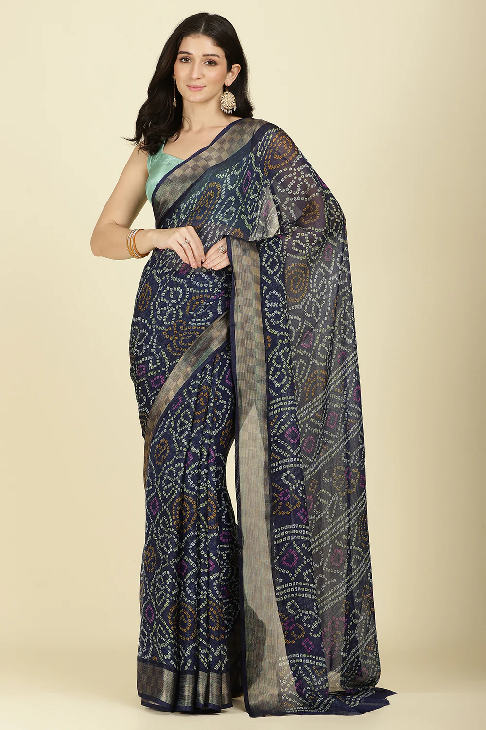 Navy Color Chiffon Bandhani Printed Saree - Image 3