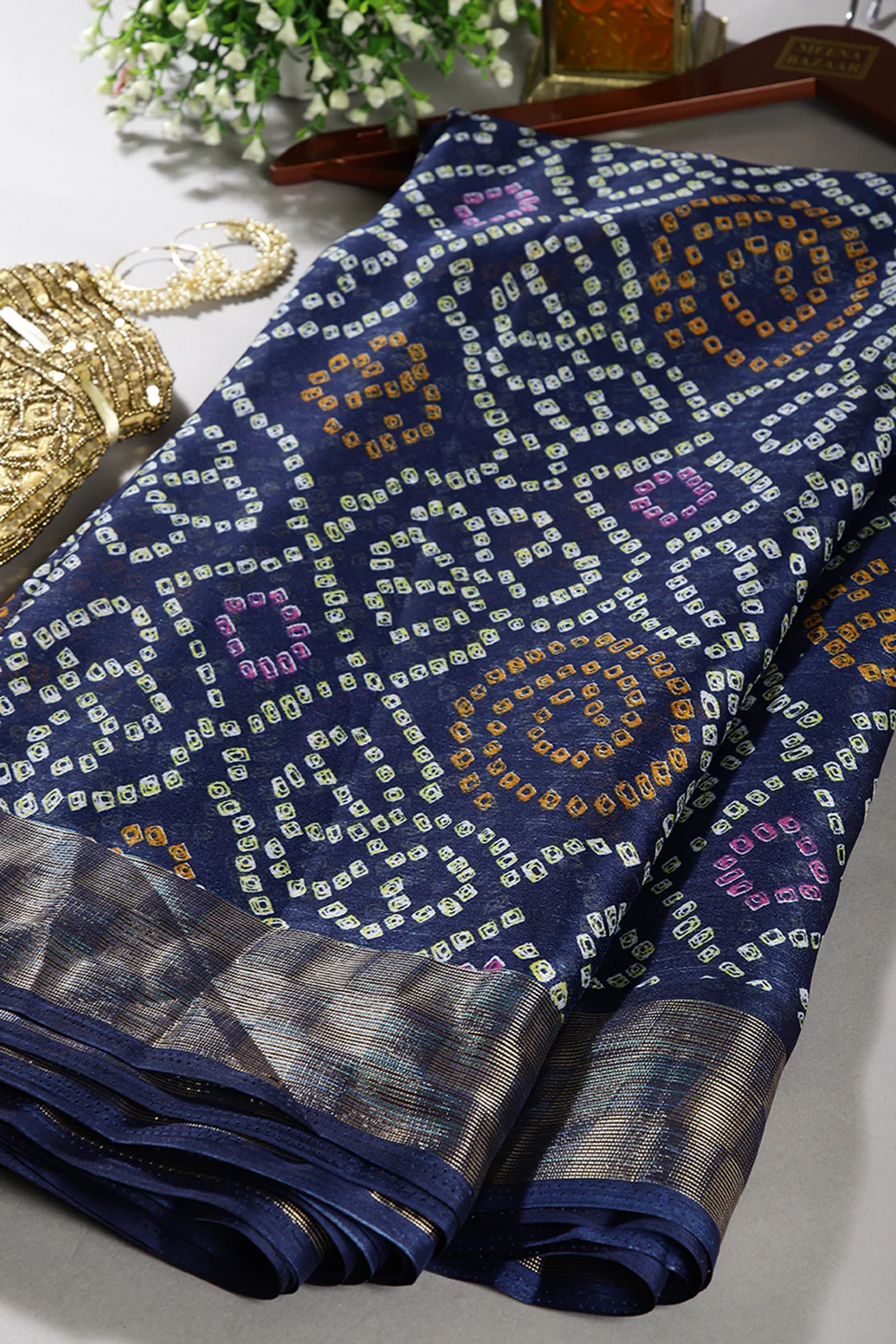 Navy Color Chiffon Bandhani Printed Saree - Image 4