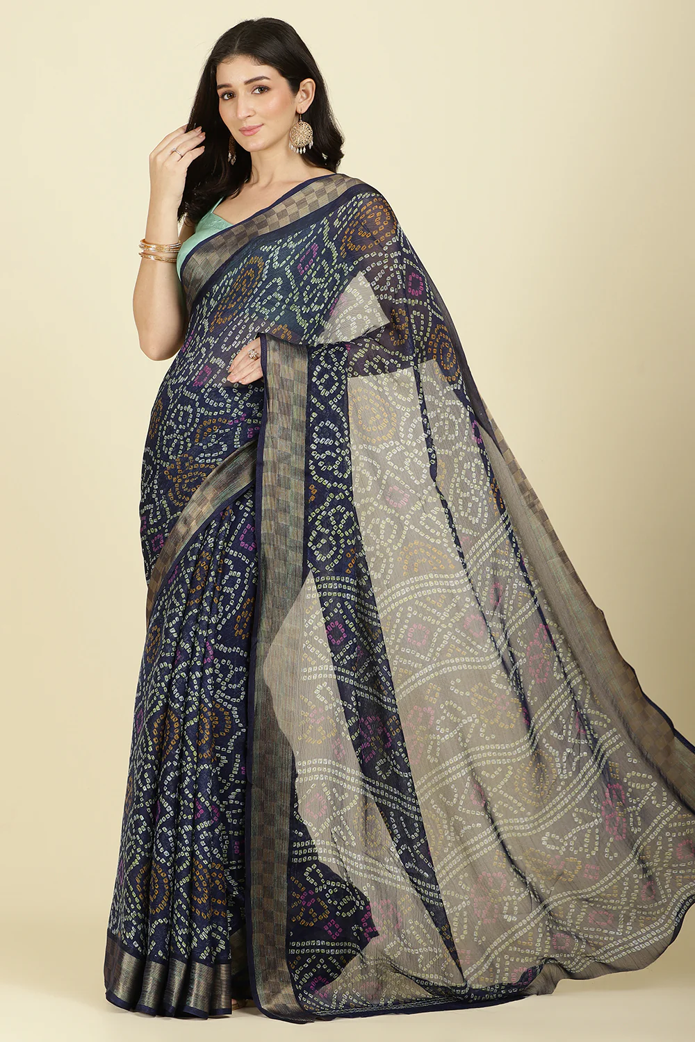 Navy Color Chiffon Bandhani Printed Saree - Image 5