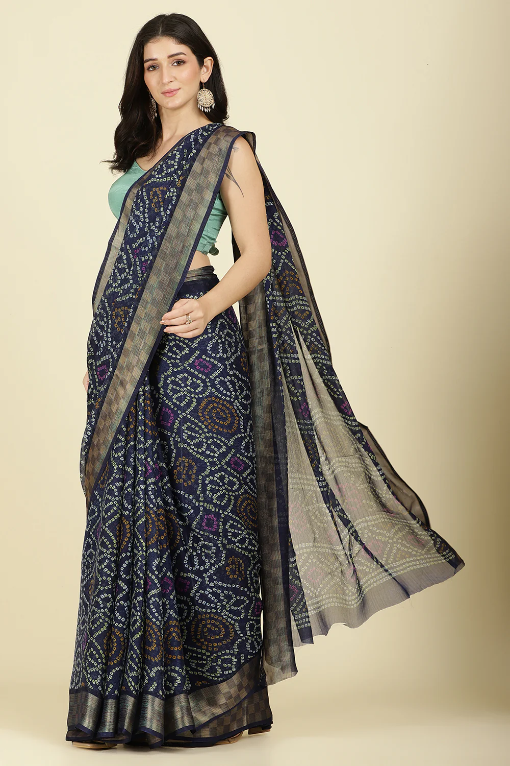 Navy Color Chiffon Bandhani Printed Saree - Image 7