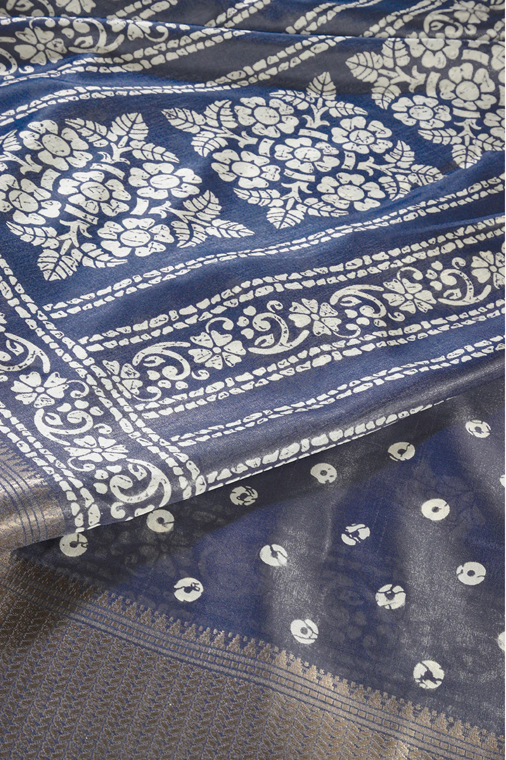 Navy Color Cotton Silk Block Printed Saree - Image 2