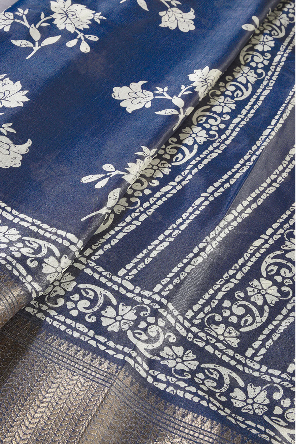 Navy Color Cotton Silk Block Printed Saree - Image 4