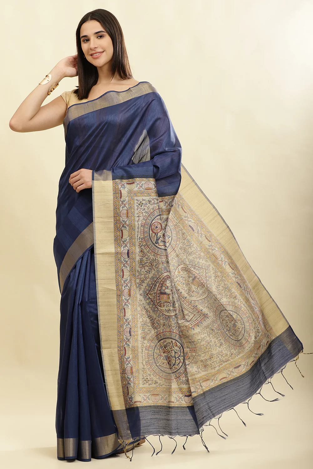 Navy Color Cotton Silk Madhubani Print Saree - Image 3