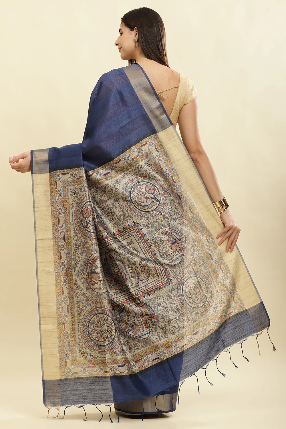 Navy Color Cotton Silk Madhubani Print Saree - Image 4