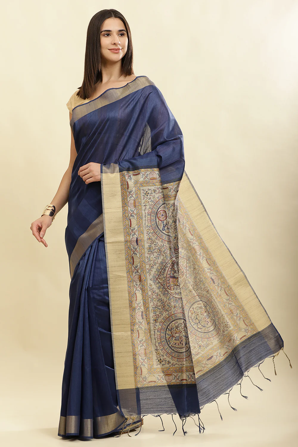 Navy Color Cotton Silk Madhubani Print Saree - Image 8