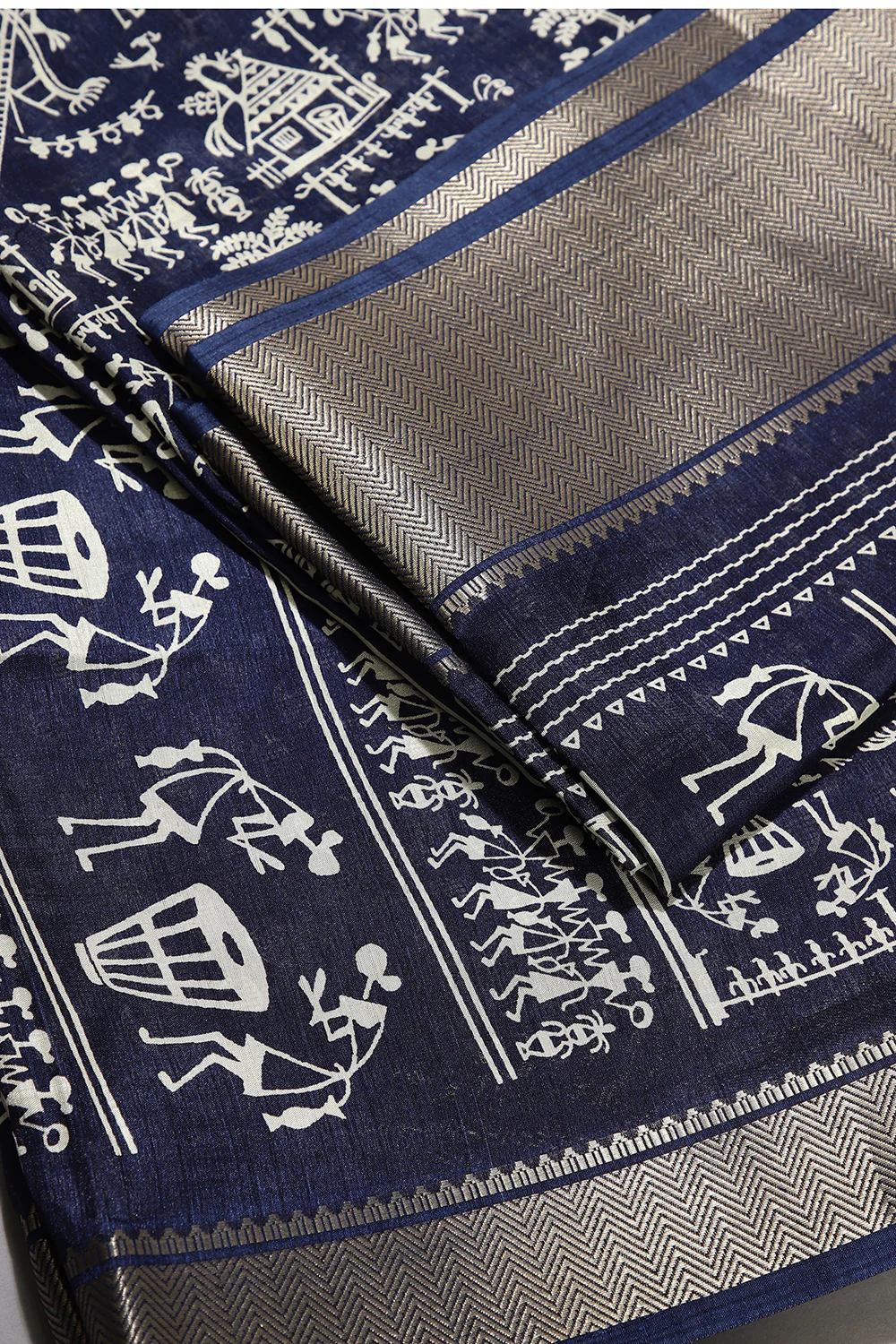Navy Color Cotton Silk Printed Saree - Image 3