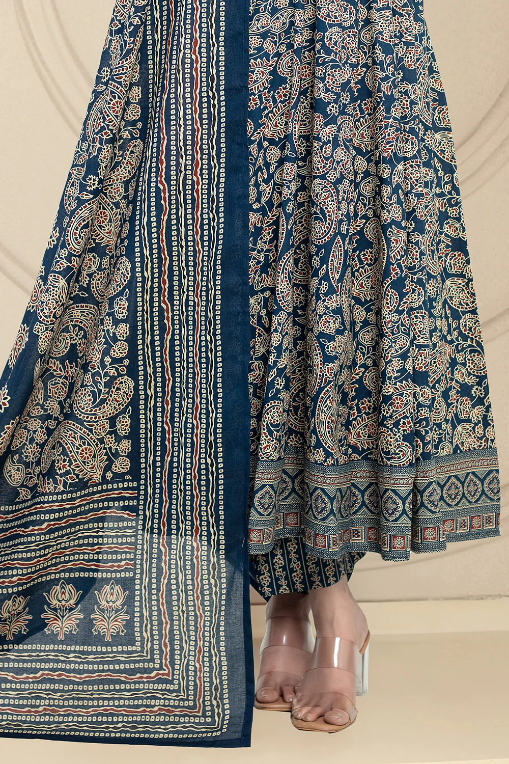 Navy Cotton Printed Anarkali Suit Set - Image 3