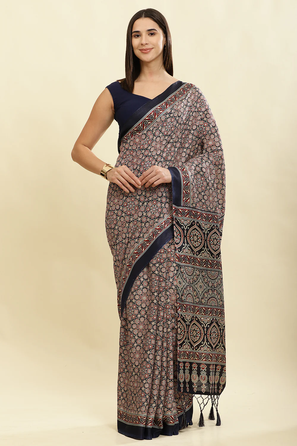Navy Cotton Silk Ajrakh Block Printed Saree - Image 2