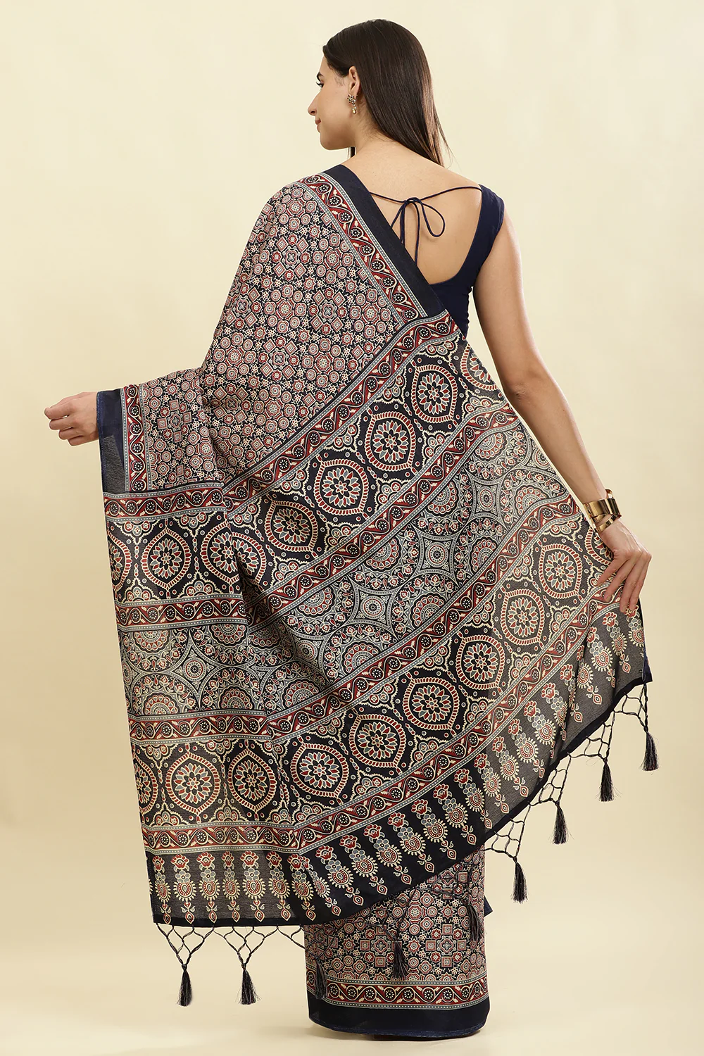 Navy Cotton Silk Ajrakh Block Printed Saree - Image 3