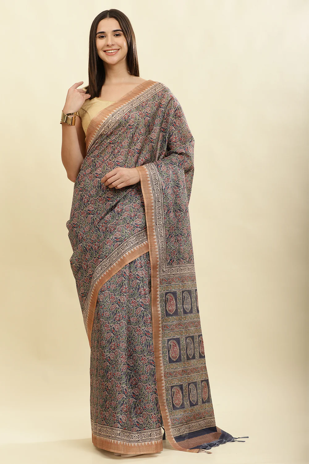 Navy Cotton Silk Floral Boota Printed Saree - Image 2