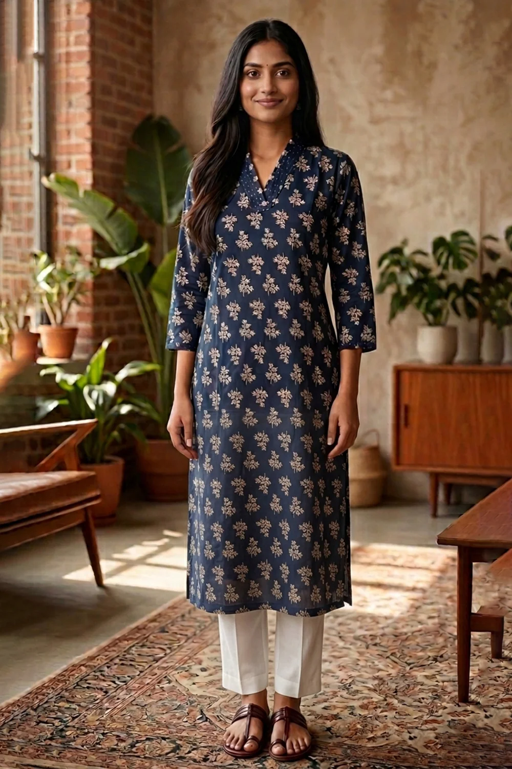 Navy Floral Printed Cotton Kurta - Image 2