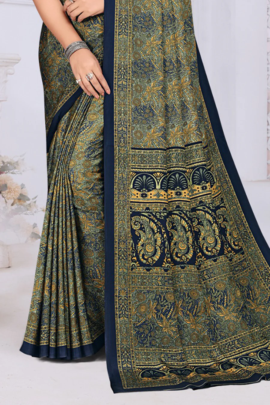 Navy & Olive Green Crepe Printed Saree - Image 2