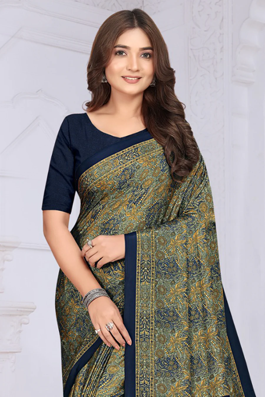 Navy & Olive Green Crepe Printed Saree - Image 3