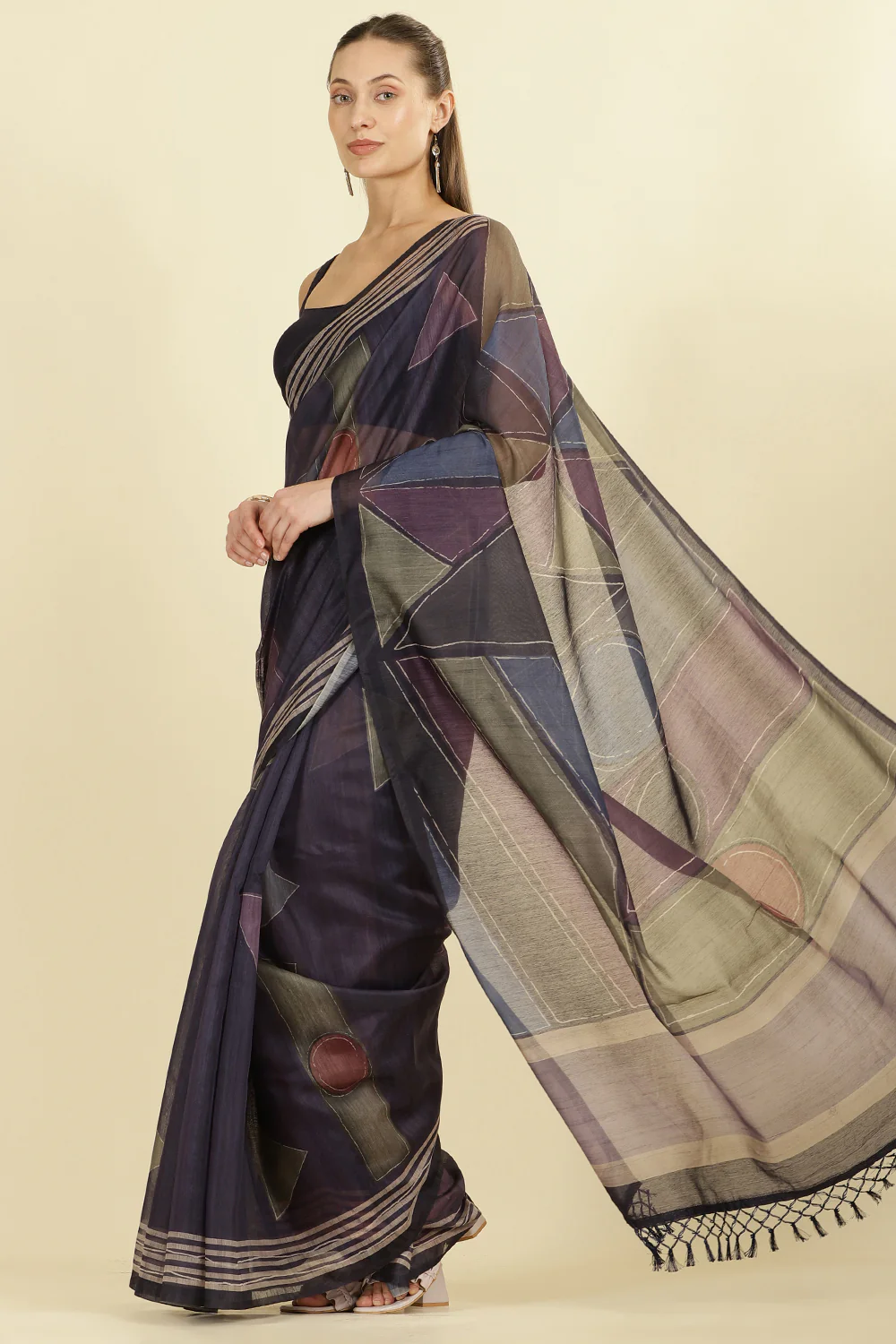 Navy Organza Cotton Printed Saree - Image 2