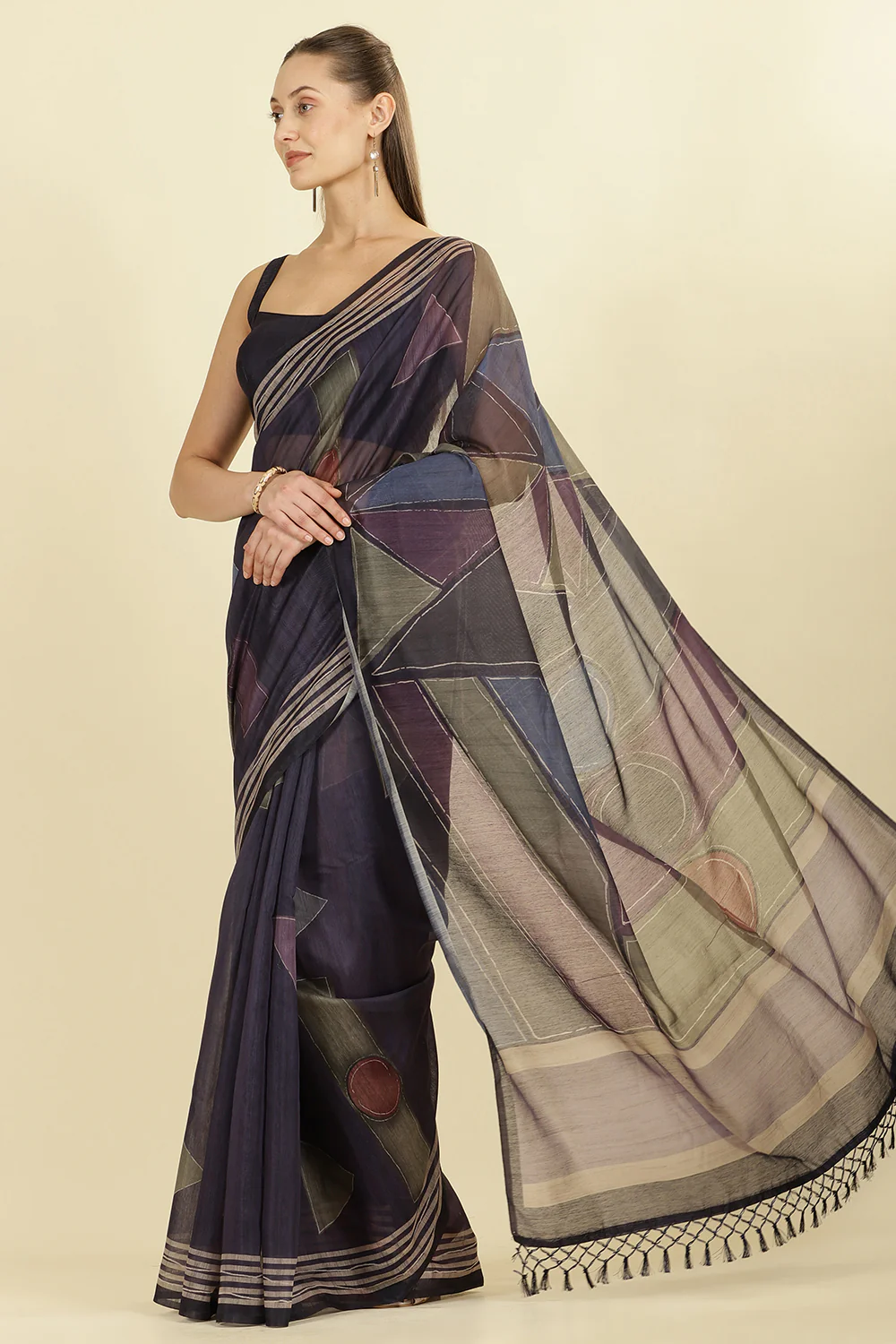 Navy Organza Cotton Printed Saree - Image 4
