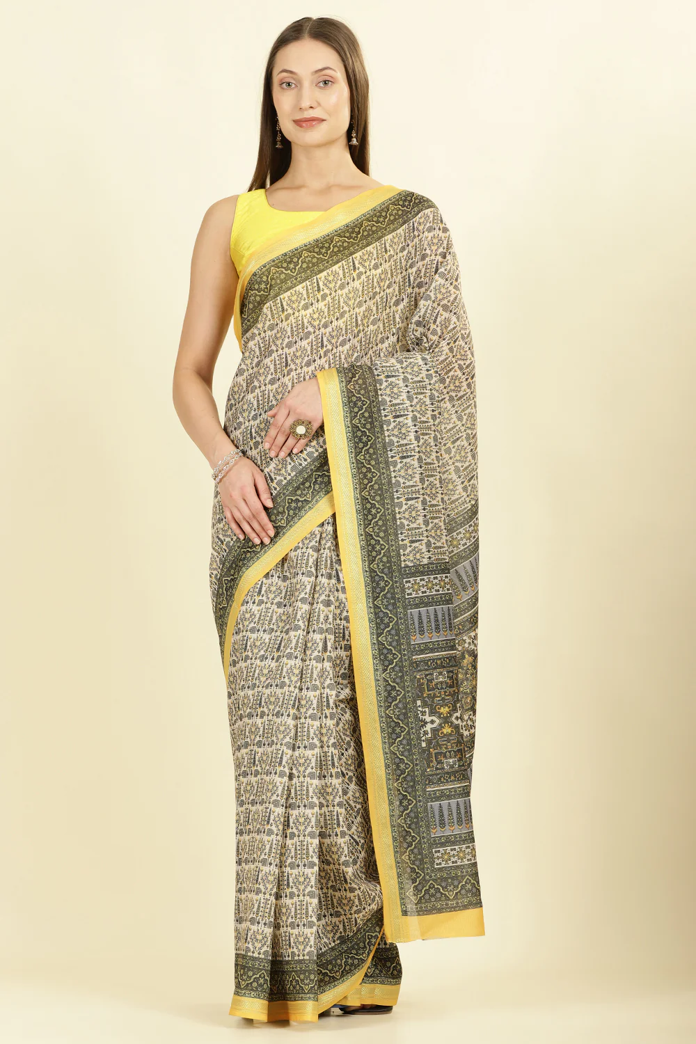 Olive Green Ajrakh Block Printed Cotton Saree