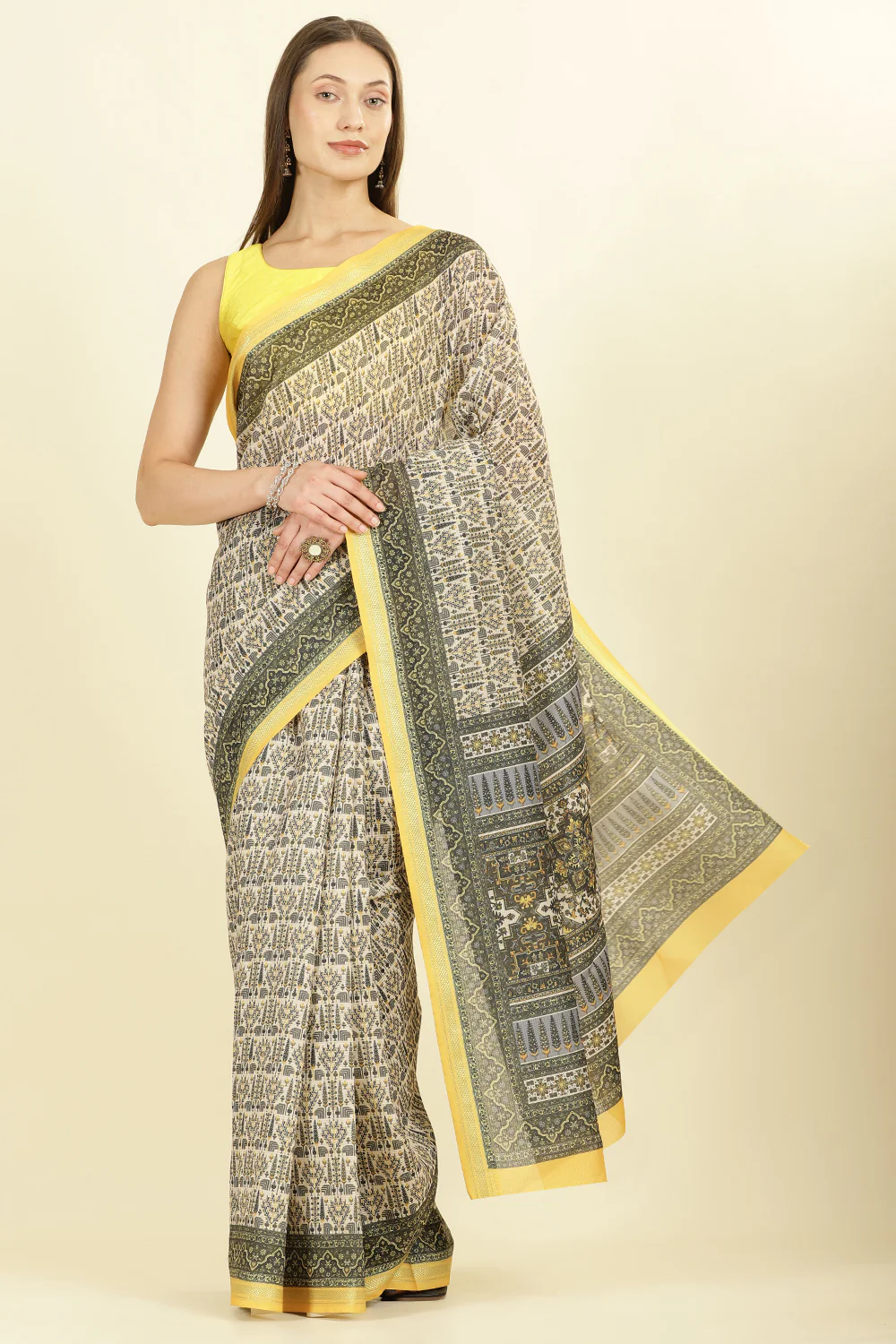 Olive Green Ajrakh Block Printed Cotton Saree - Image 2