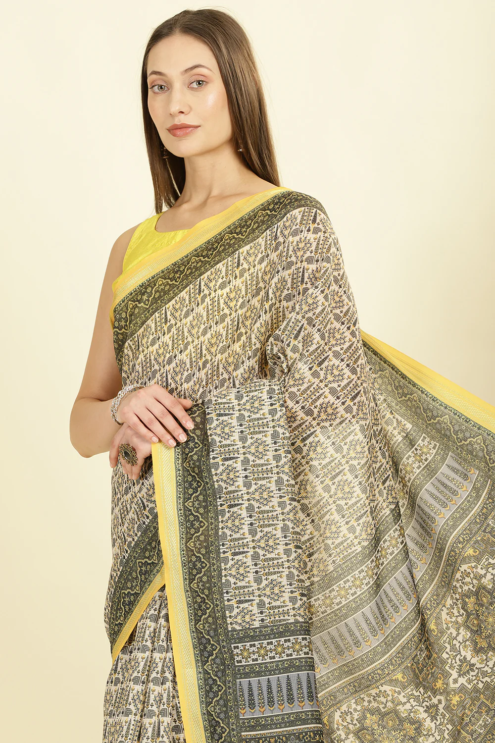 Olive Green Ajrakh Block Printed Cotton Saree - Image 6