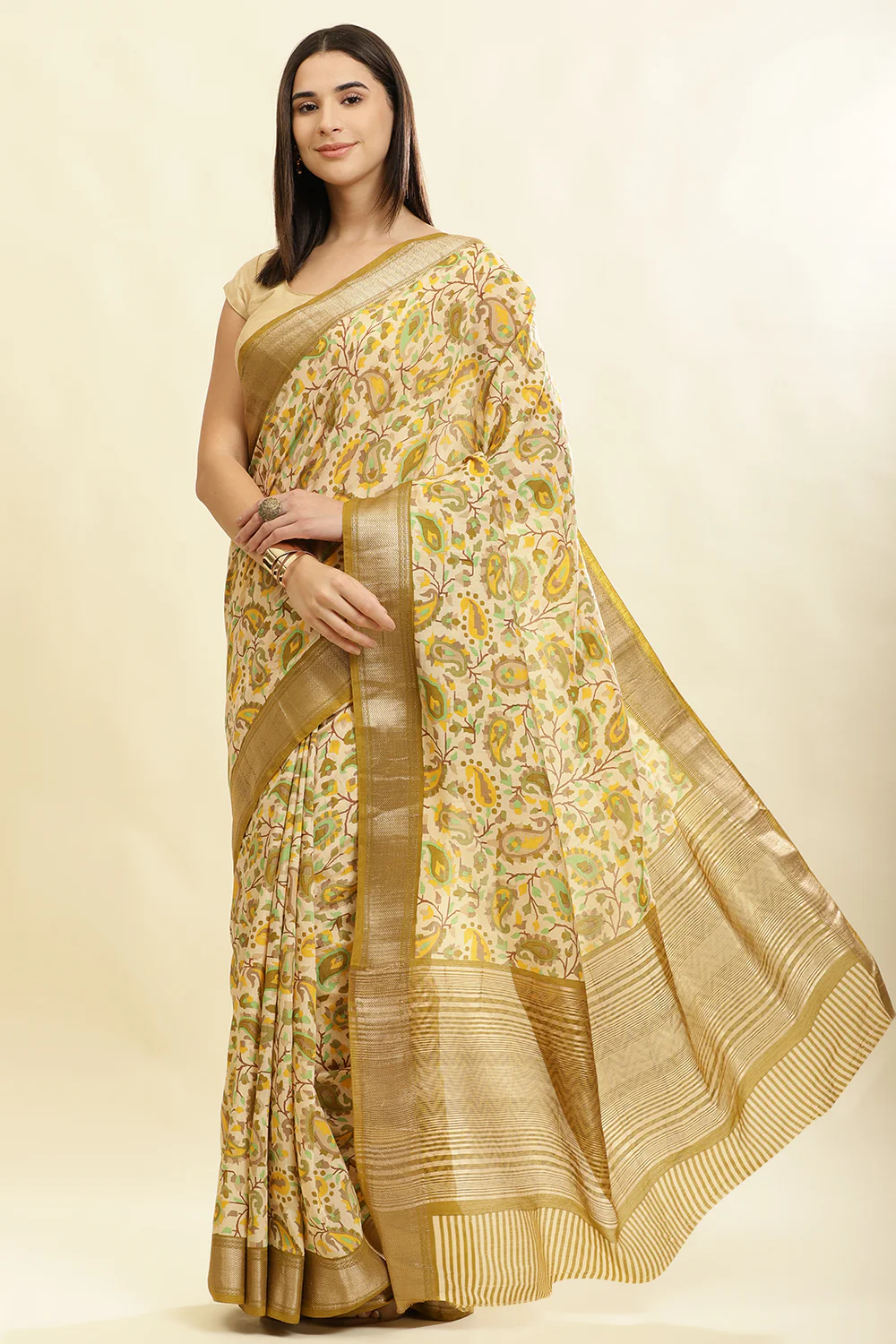 Olive Green & Beige Cotton Silk Floral Boota Printed Saree - Image 4