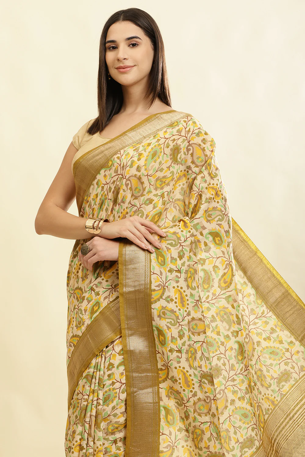 Olive Green & Beige Cotton Silk Floral Boota Printed Saree - Image 6