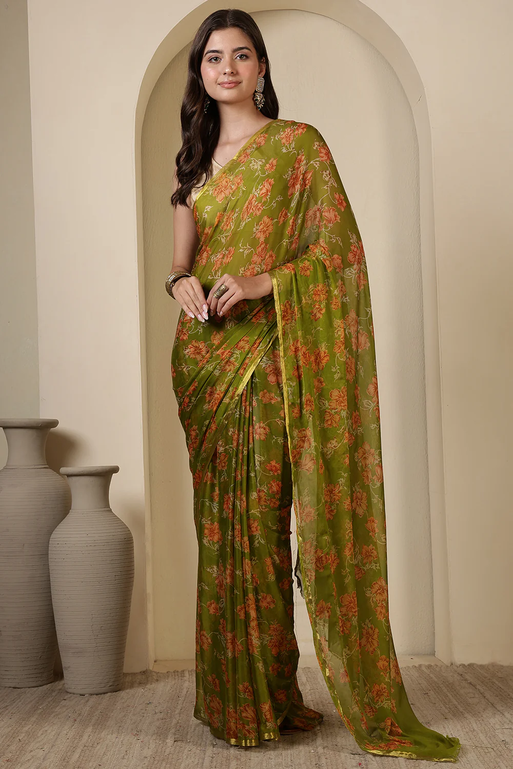 Olive Green Chiffon Floral Zari Border & Floral Printed Saree - Image 2
