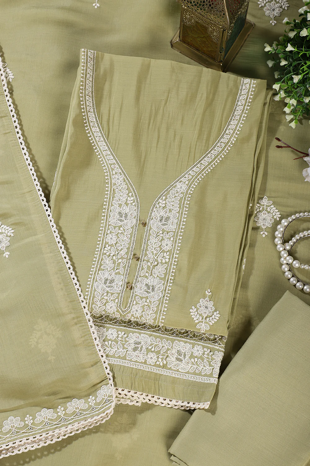Olive Green Muslin Resham Embroidered Unstitched Suit Material - Image 2