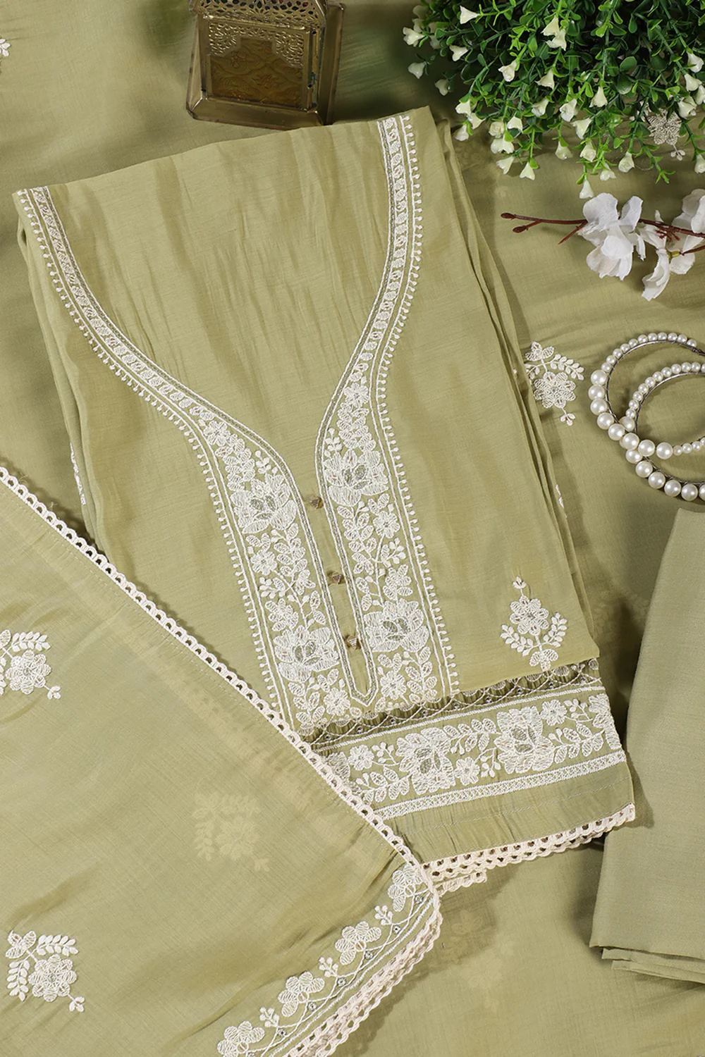 Olive Green Muslin Resham Embroidered Unstitched Suit Material - Image 3