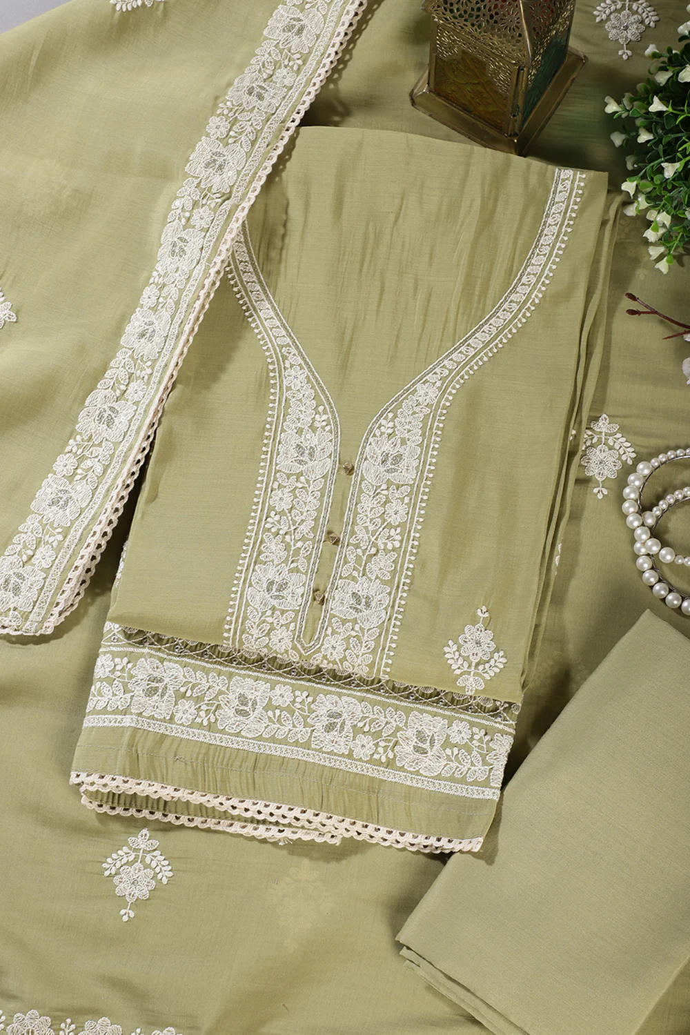 Olive Green Muslin Resham Embroidered Unstitched Suit Material - Image 4