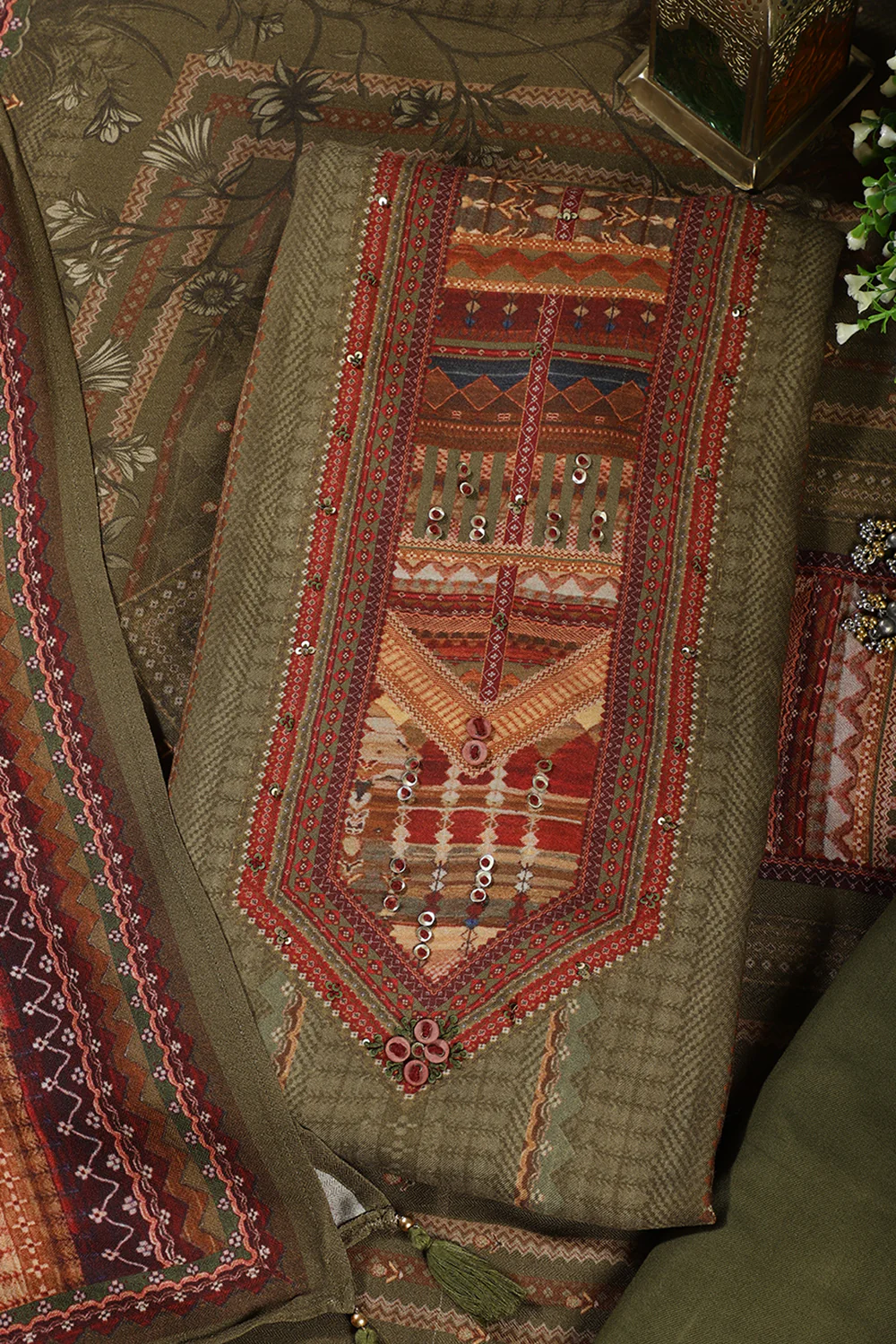 Olive Green Printed Spun Unstitched Suit Material - Image 3
