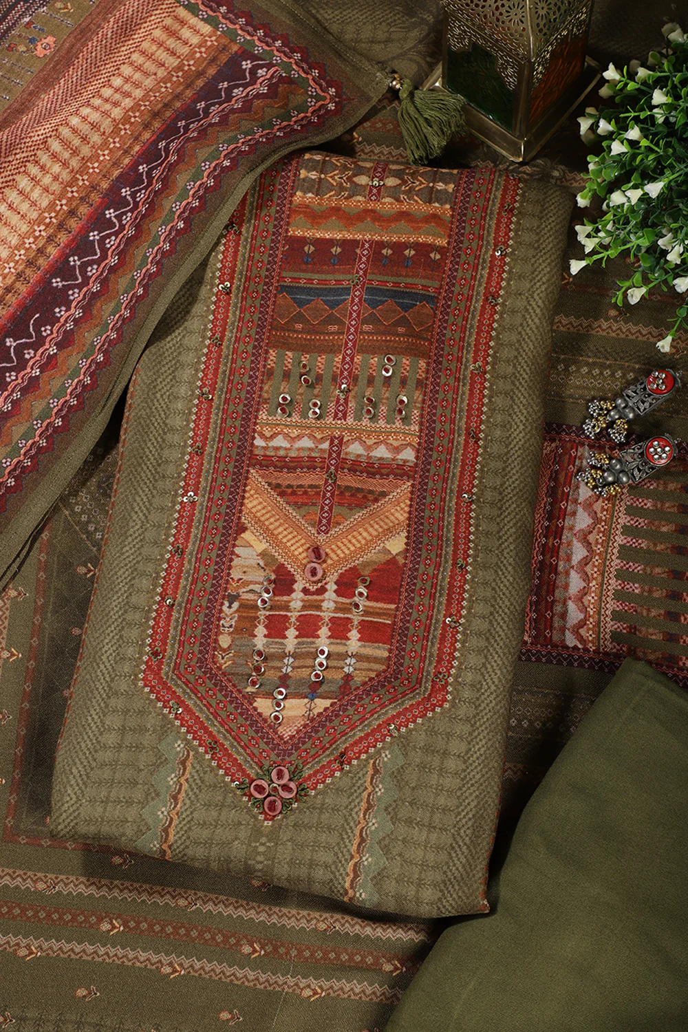 Olive Green Printed Spun Unstitched Suit Material - Image 4