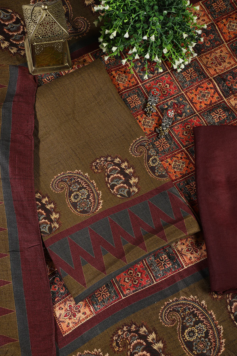 Olive Green Spun Printed Unstitched Suit - Image 2