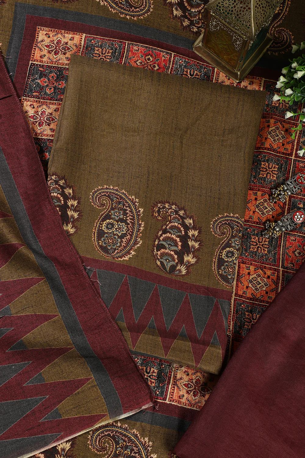 Olive Green Spun Printed Unstitched Suit - Image 3