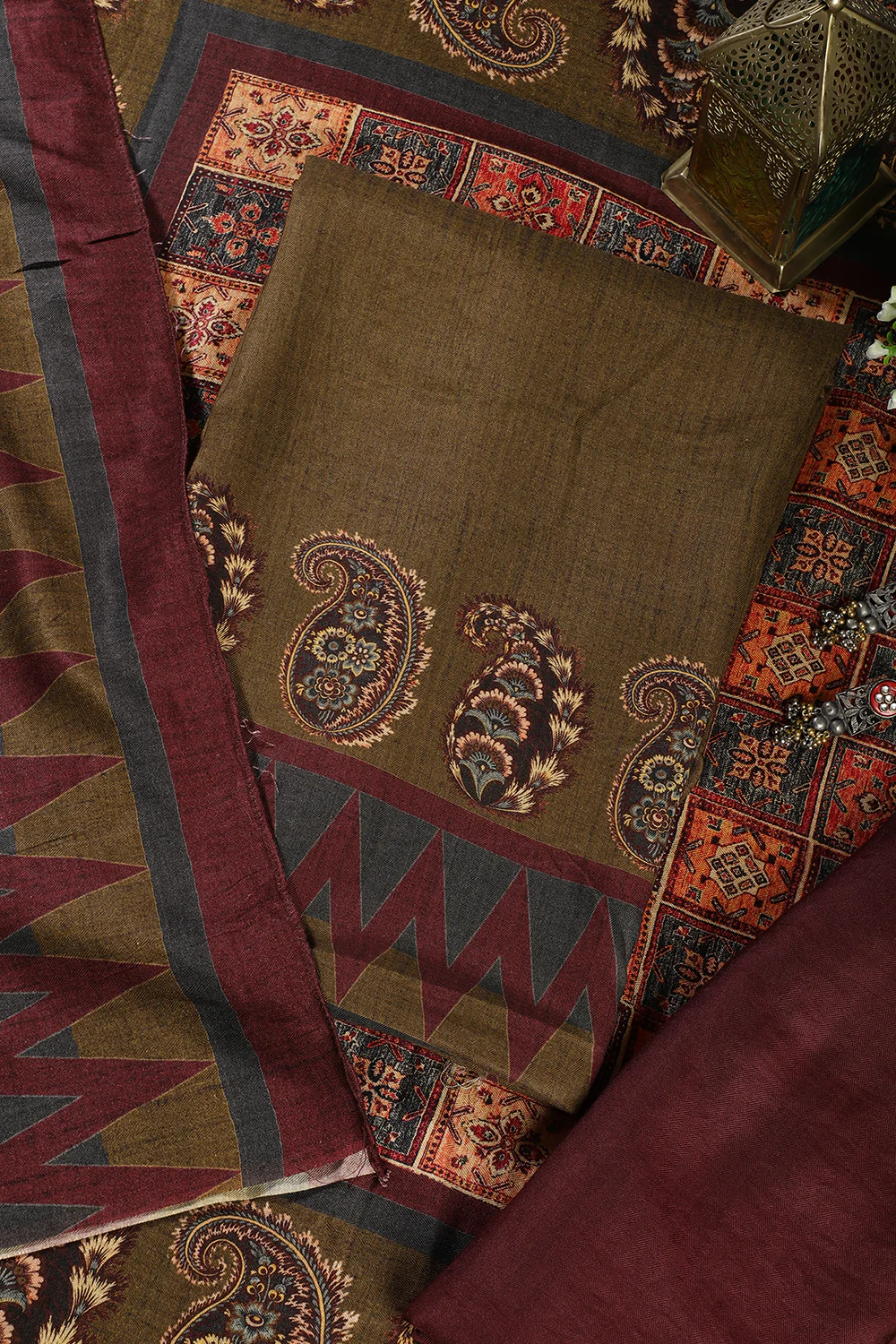 Olive Green Spun Printed Unstitched Suit - Image 4