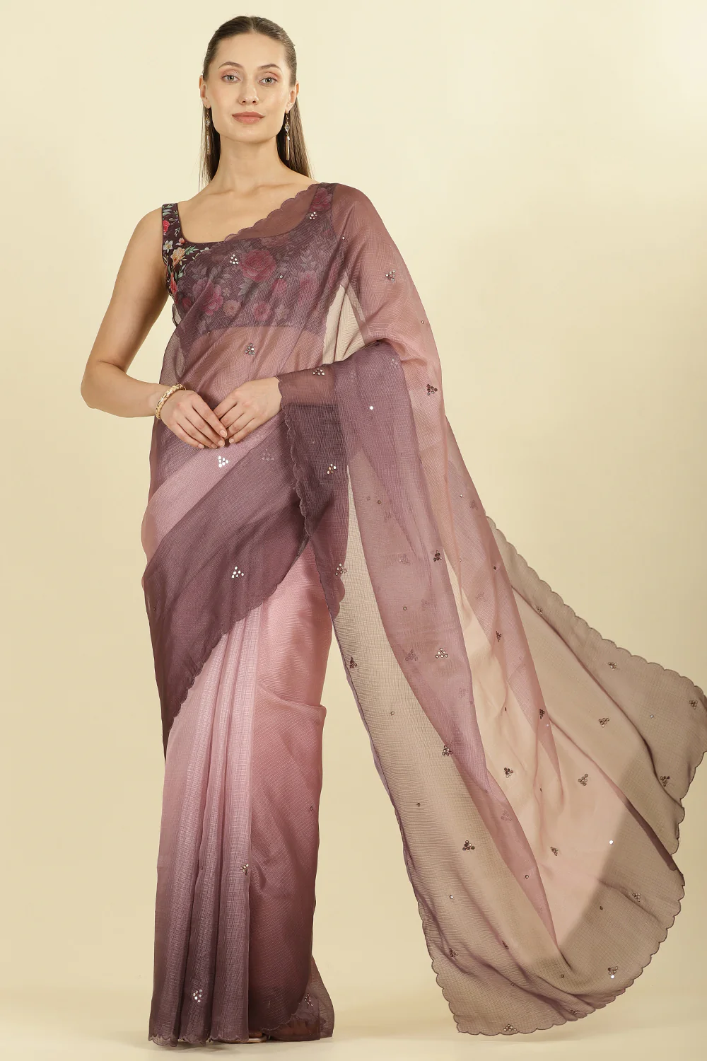 Ombre Dusty Rose Organza Saree With Mirror Work