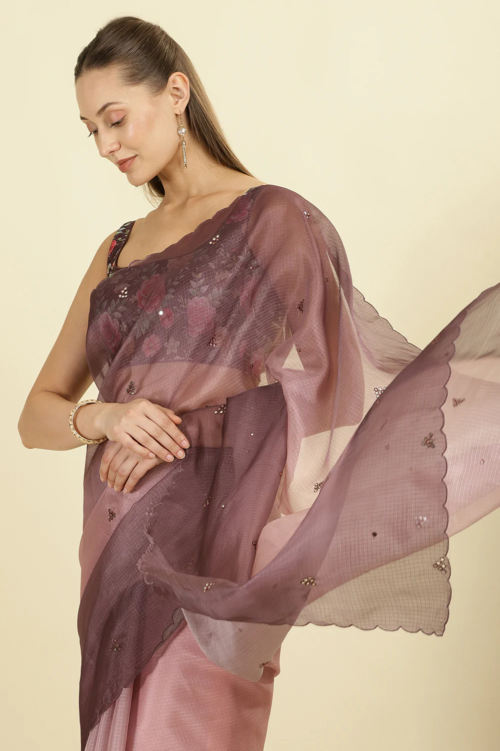 Ombre Dusty Rose Organza Saree With Mirror Work - Image 5