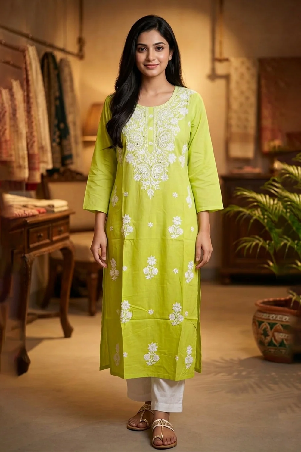 Ombre Green Resham Embroidered Rayon Cotton Kurta - Image 3