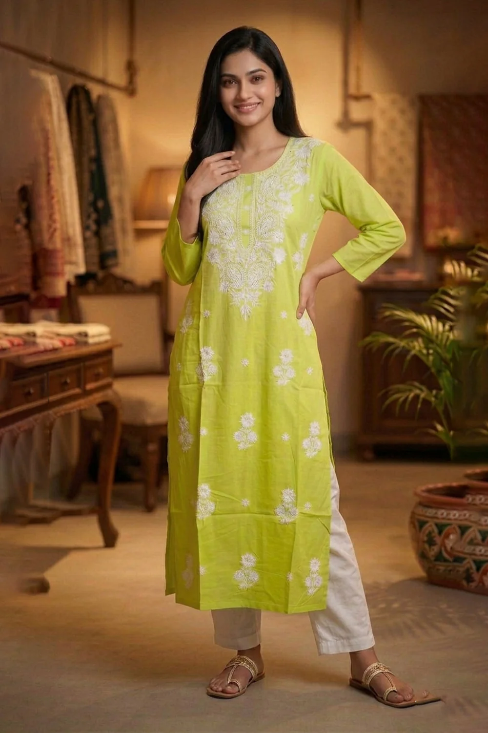 Ombre Green Resham Embroidered Rayon Cotton Kurta - Image 4