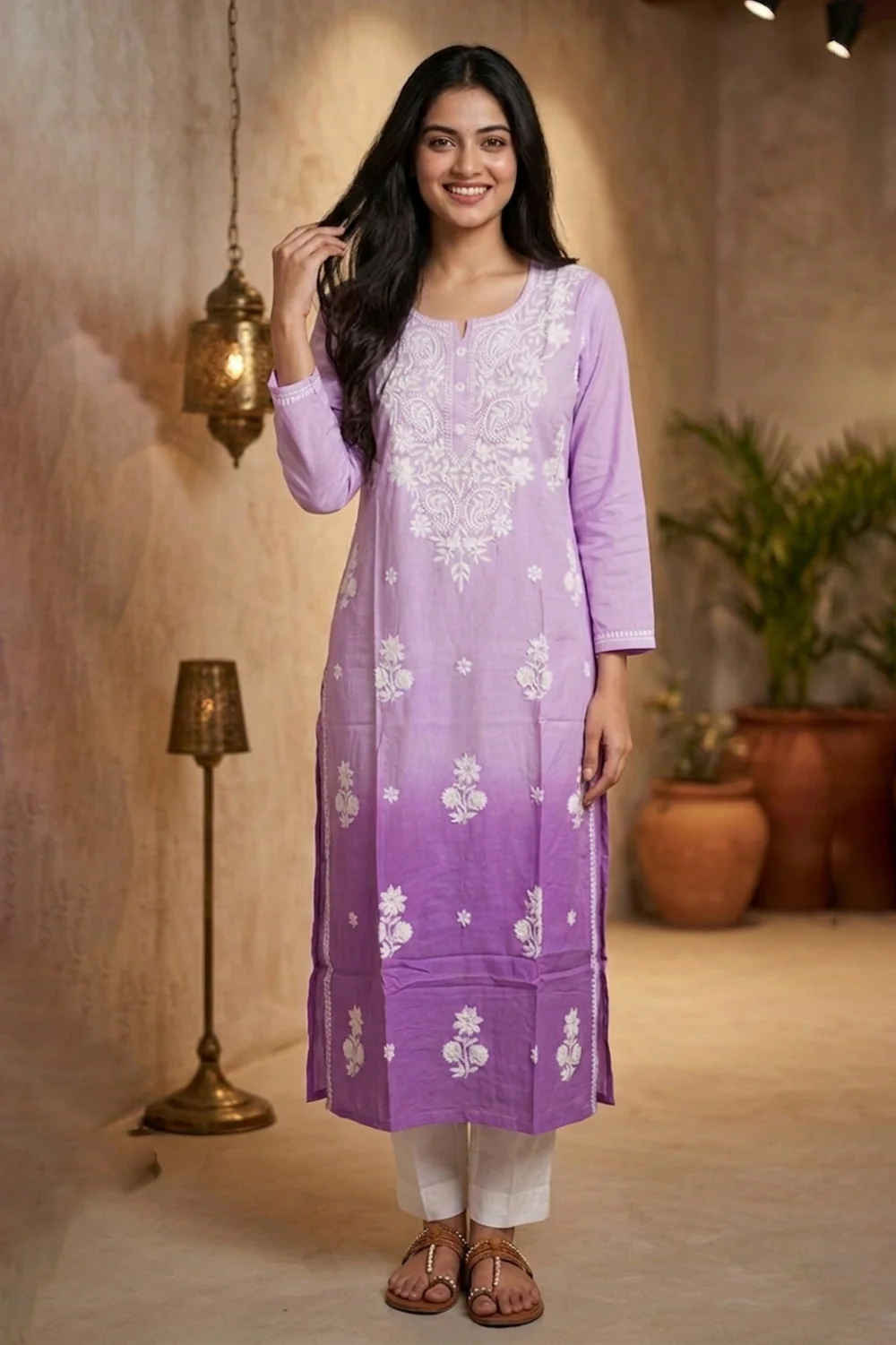 Ombre Lavander Resham Embroidered Rayon Cotton Kurta - Image 2