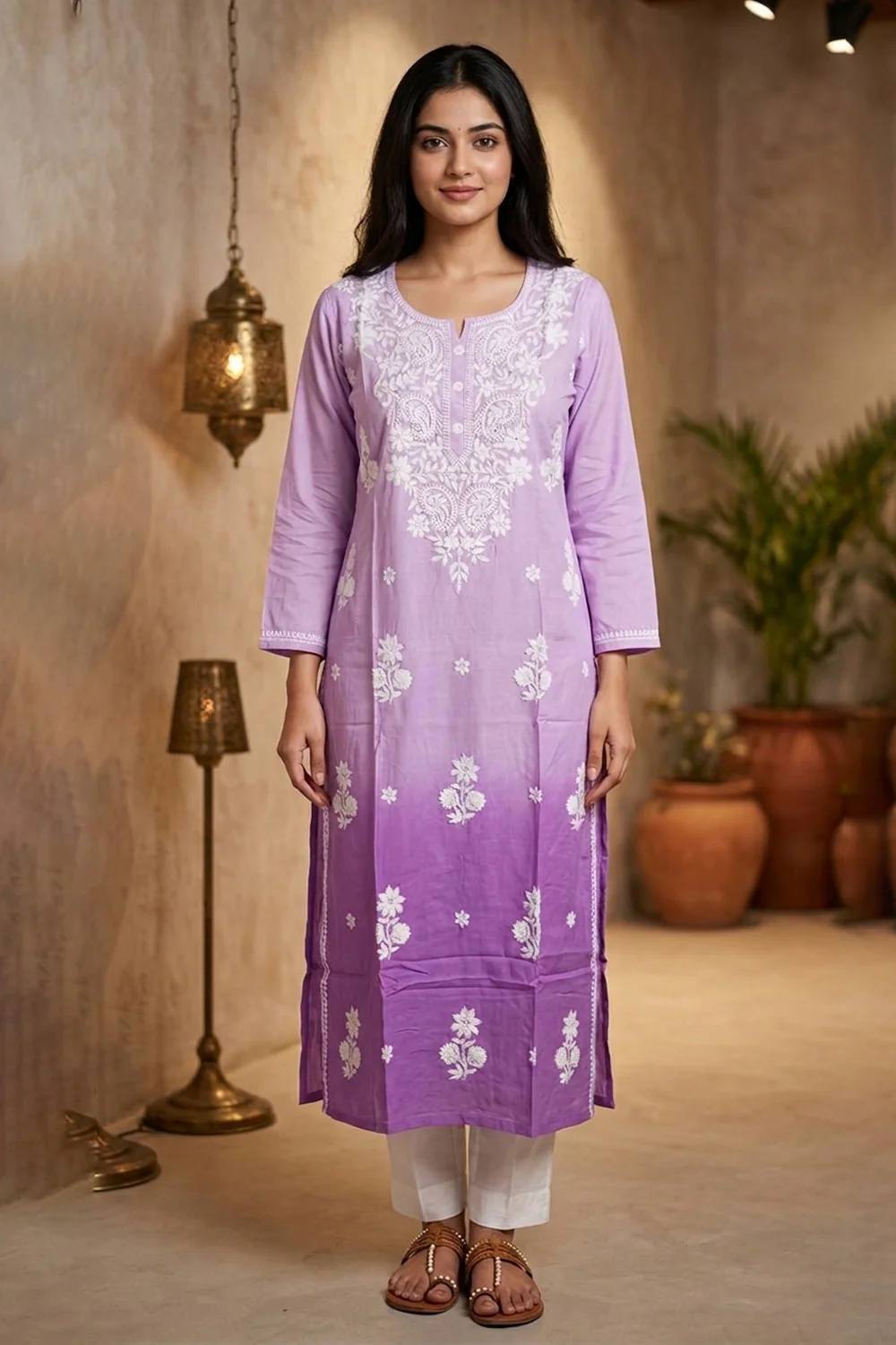 Ombre Lavander Resham Embroidered Rayon Cotton Kurta - Image 5