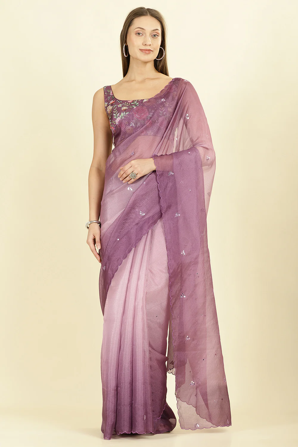 Ombre Mauve Organza Saree With Mirror Work - Image 2