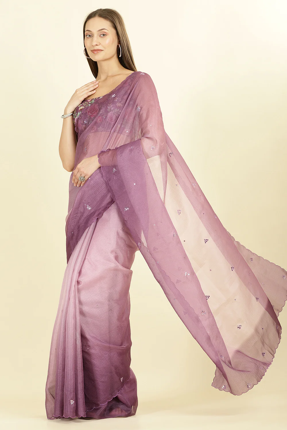 Ombre Mauve Organza Saree With Mirror Work - Image 5