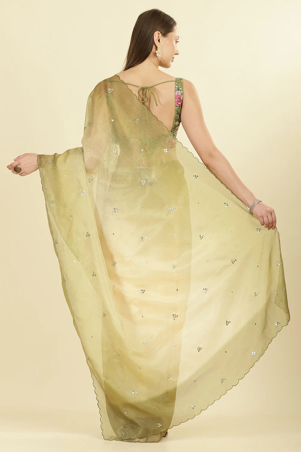 Ombre Olive Green Organza Saree With Mirror Work - Image 3