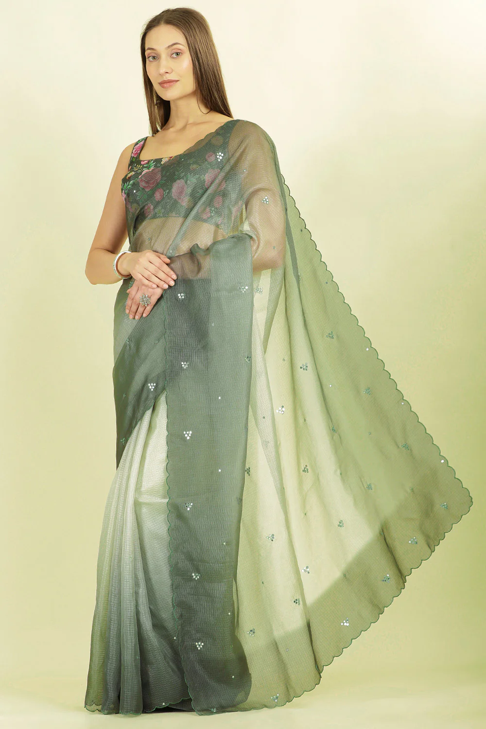 Ombre Sage Green Organza Saree With Mirror Work - Image 4