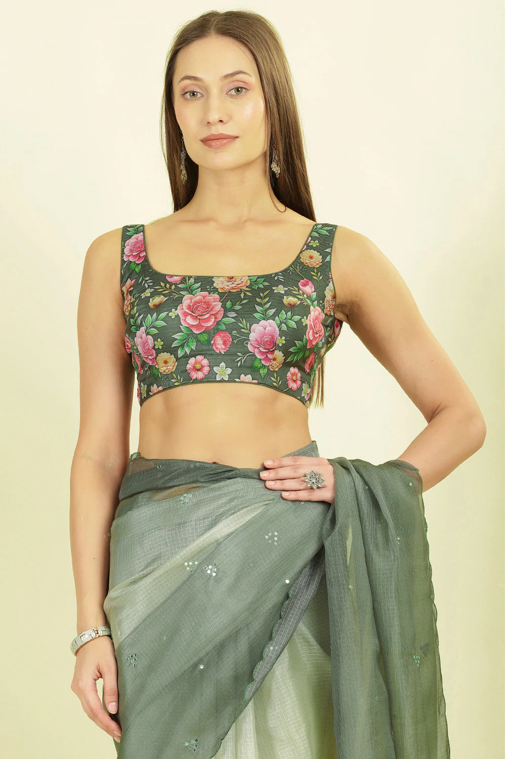 Ombre Sage Green Organza Saree With Mirror Work - Image 7