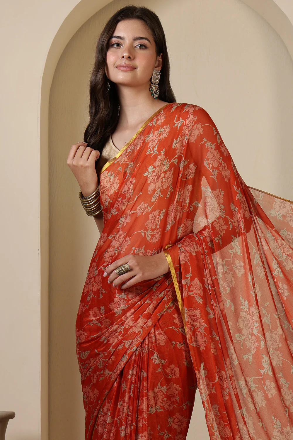 Orange Chiffon Floral Zari Border & Floral Printed Saree - Image 3