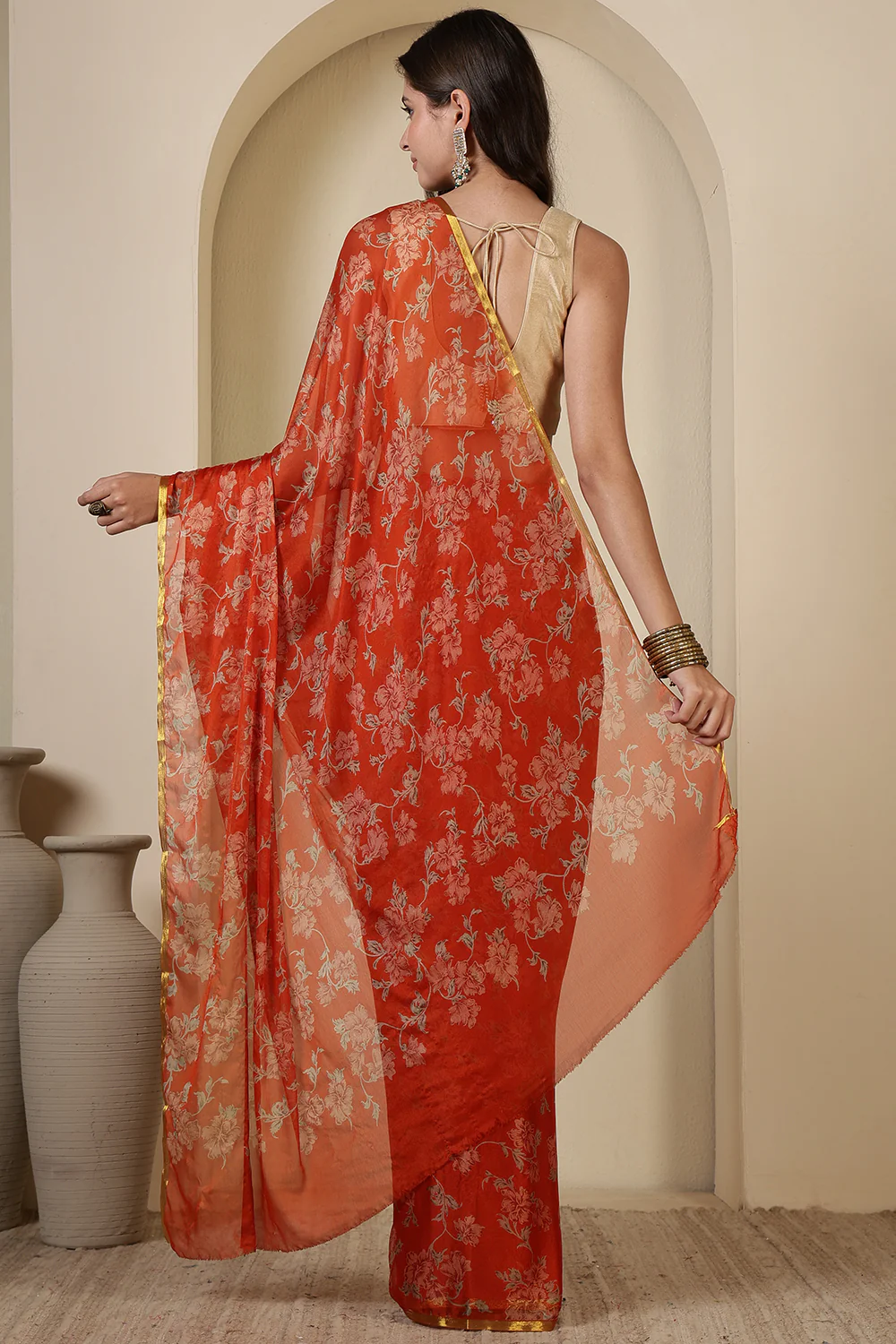 Orange Chiffon Floral Zari Border & Floral Printed Saree - Image 4