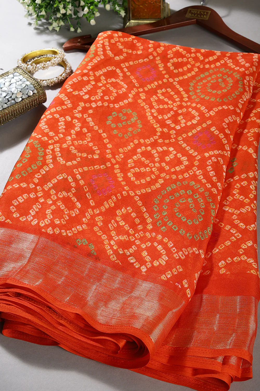 Orange Color Chiffon Bandhani Printed Saree - Image 4