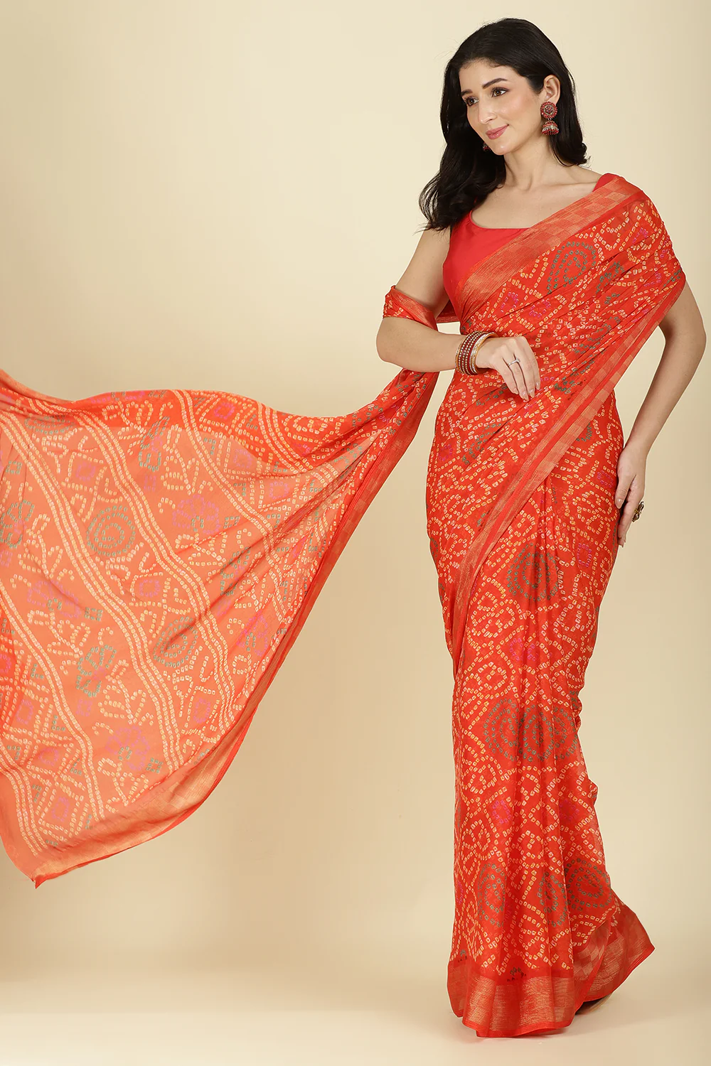 Orange Color Chiffon Bandhani Printed Saree - Image 5