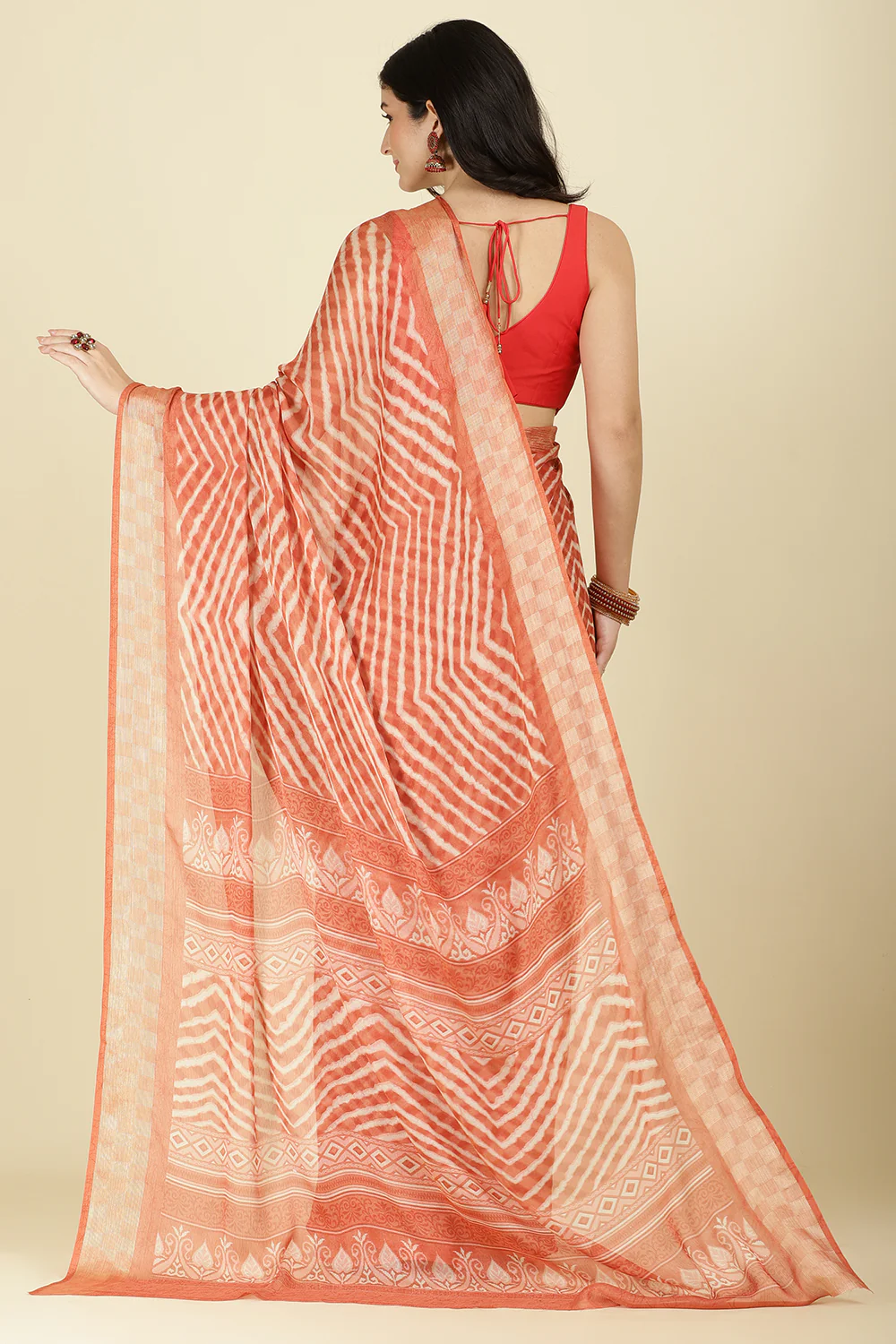 Orange Color Chiffon Leheriya Printed Saree - Image 12